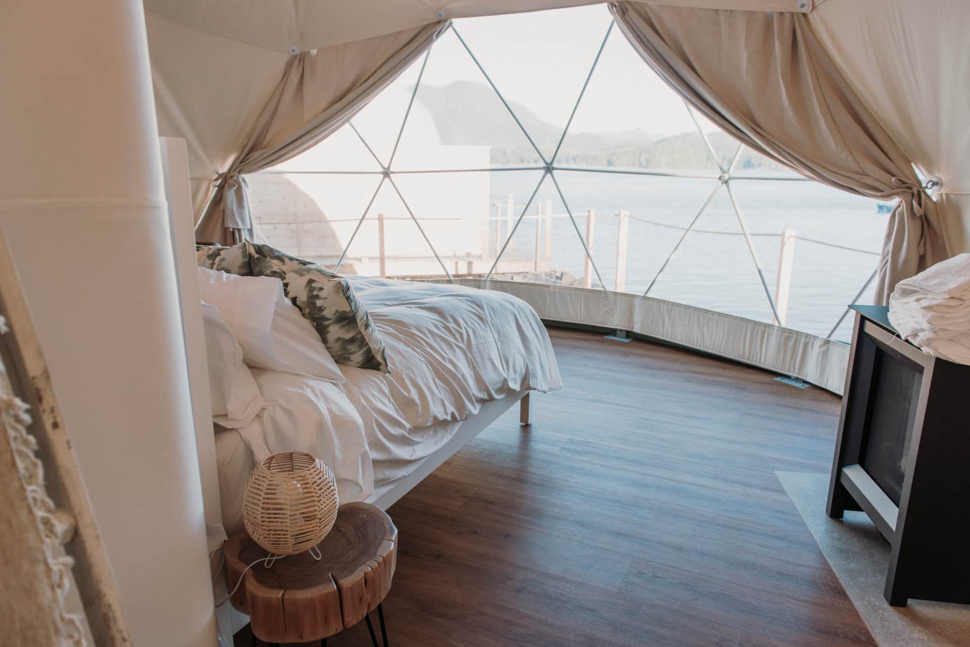 Bright Wildpods interior with panoramic water views