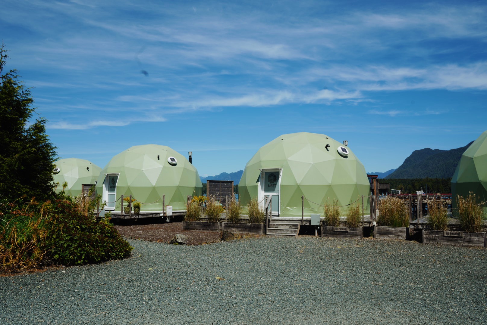 Wood and Nest Pods with mountain views